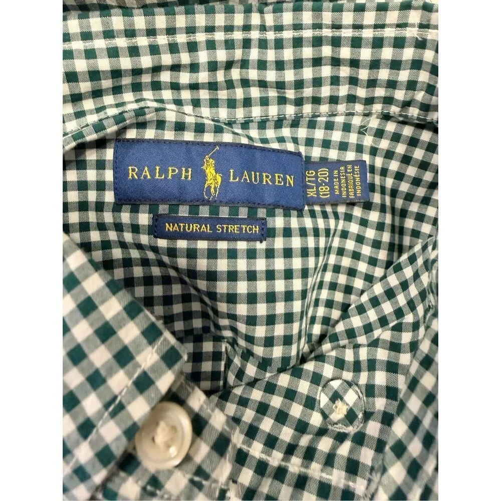 Ralph Lauren Natural Stretch Gingham Btn Dwn Shirt Green/White Boys XL 18-20